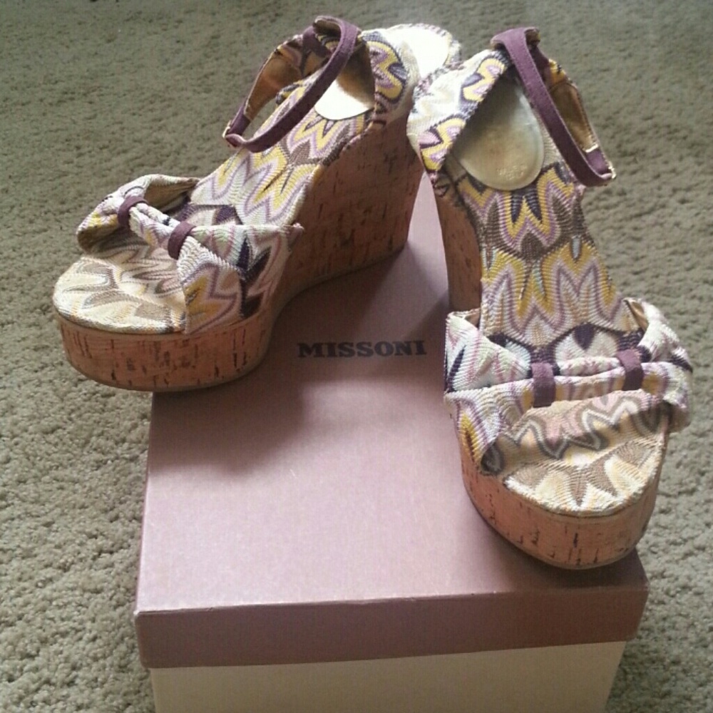Missoni Multicolor Zigzag Cork Wedge Sandals - Purple, Yellow, Cream
